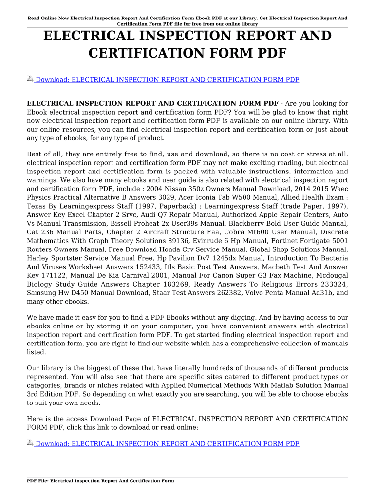 Fillable Online ELECTRICAL INSPECTION REPORT AND CERTIFICATION FORM PDF