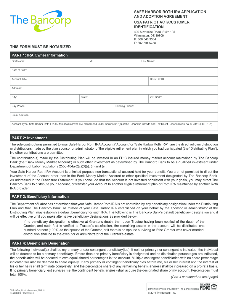 Fillable Online SAFE HARBOR ROTH IRA APPLICATION AND ADOPTION AGREEMENT