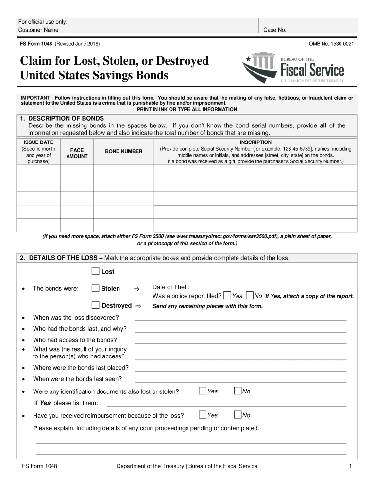 2016 Form Treasury FS 1048 Fill Online, Printable, Fillable, Blank
