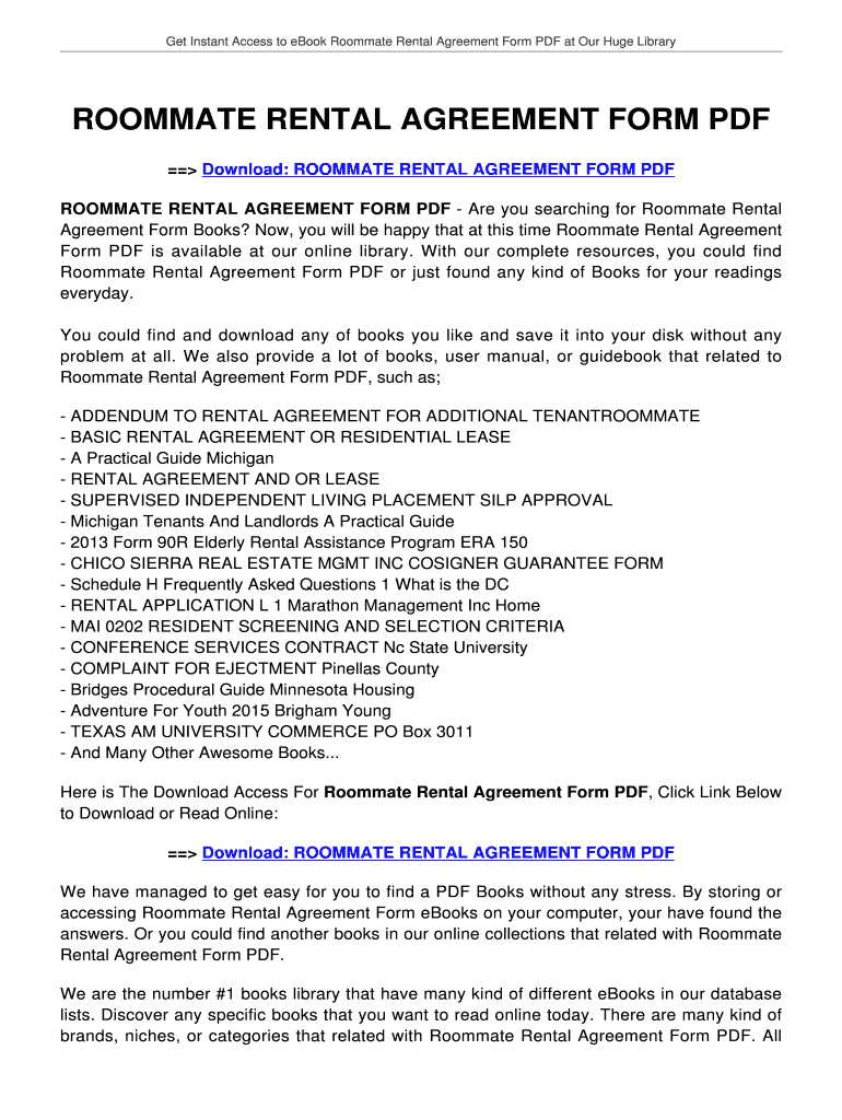 Fillable Online ROOMMATE RENTAL AGREEMENT FORM. ROOMMATE RENTAL ...