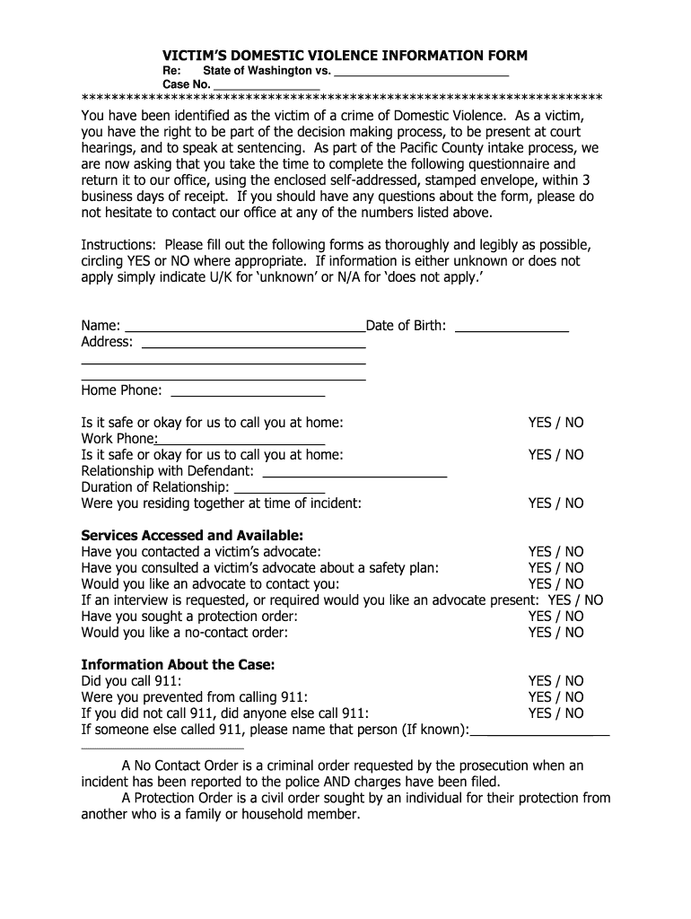 Fillable Online VICTIM S DOMESTIC VIOLENCE INFORMATION FORM Re State of Fax Email Print