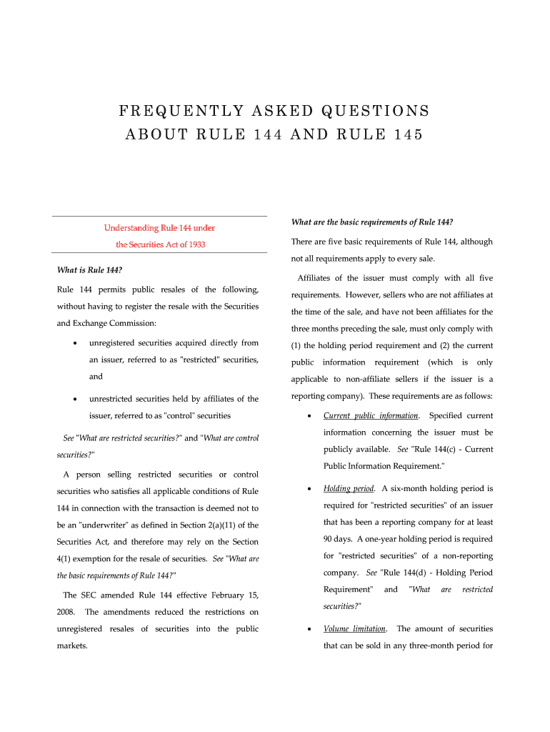 Fillable Online ABOUT RULE 144 AND RULE 145 Fax Email Print PdfFiller fillable-online-about-rule-144-and-rule-145-fax-email-print-pdffiller