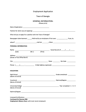 Fillable Online Employment Application Town of Georgia GENERAL ... Fax ...