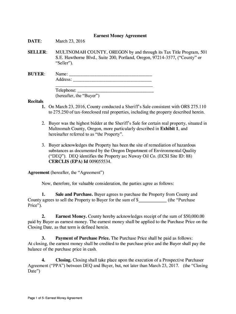 Fillable Online Earnest Money Agreement DATE SELLER BUYER 1. Fax Email