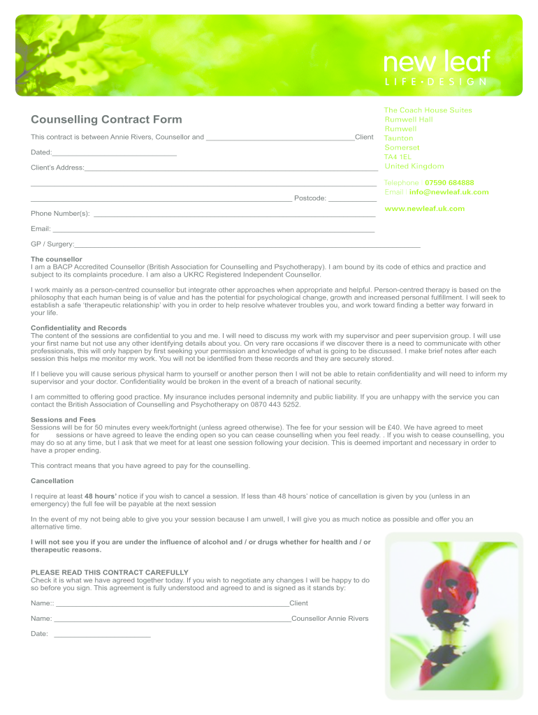 Printable Counselling Contract Template 2020 Fill And Sign Printable 