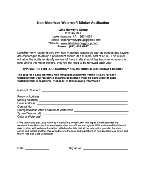Fillable Online Non Motorized Watercraft Sticker Application Fax Email ...