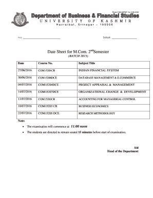 Fillable Online Financialstudies Uok Edu Date Sheet For M Com 2