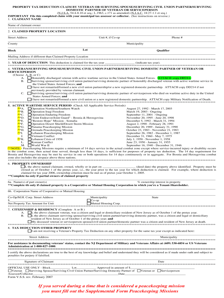 Fillable Online Property Tax Deduction by Veteran or Surviving Spouse