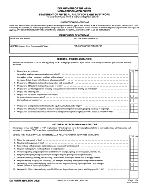 DEPARTMENT OF THE ARMY NONAPPROPRIATED FUNDS STATEMENT OF PHYSICAL ABILITY FOR LIGHT DUTY WORK. DA FORM 3666, NOV 2008 - apd army