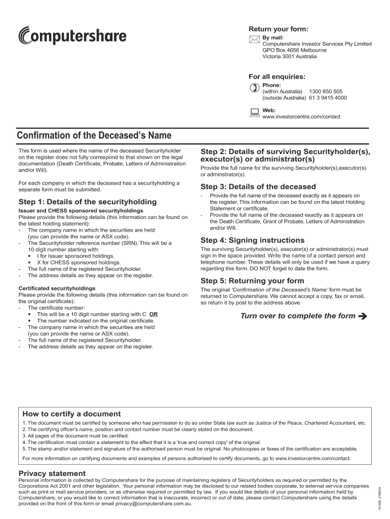 Computershare Confirmation Of Deceased Name Form - Fill Online ...