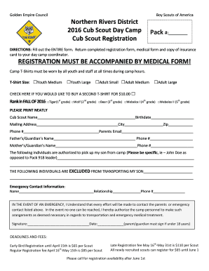 Fillable Online Northern Rivers District 2016 Cub Scout Day Camp Pack ...
