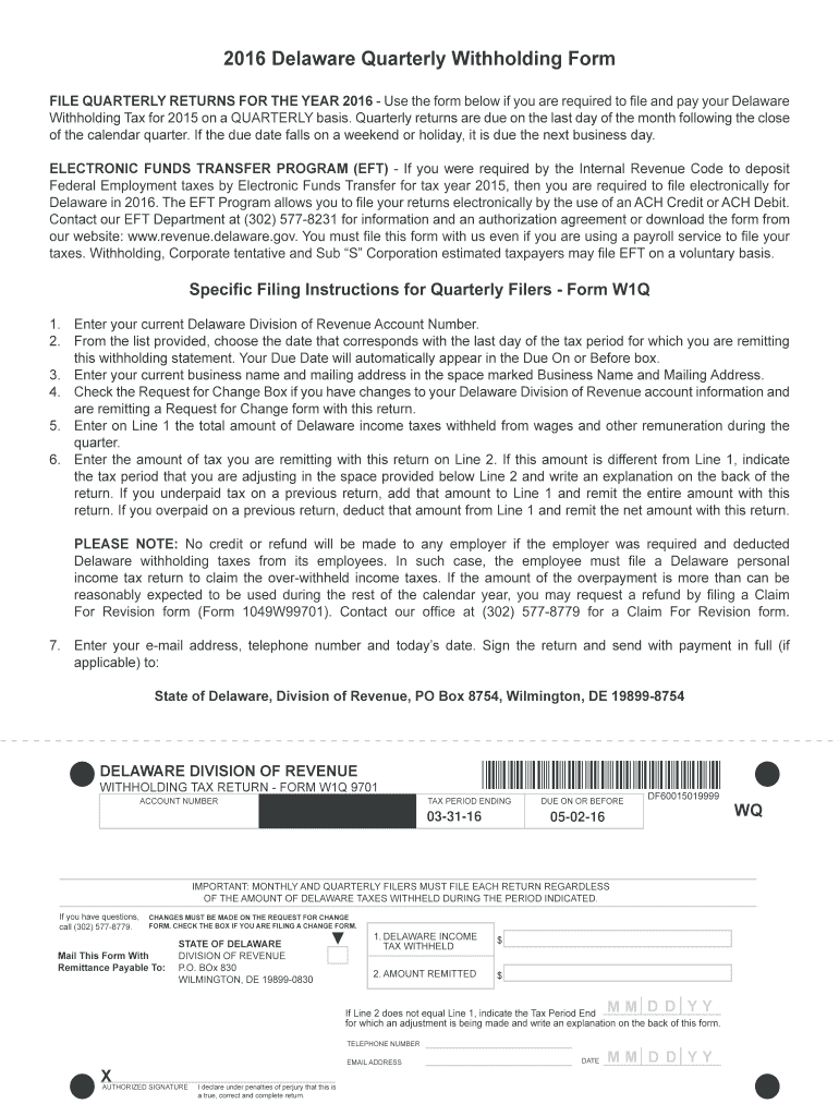 FILE QUARTERLY RETURNS FOR THE YEAR 2016 - revenue delaware Preview on Page 1