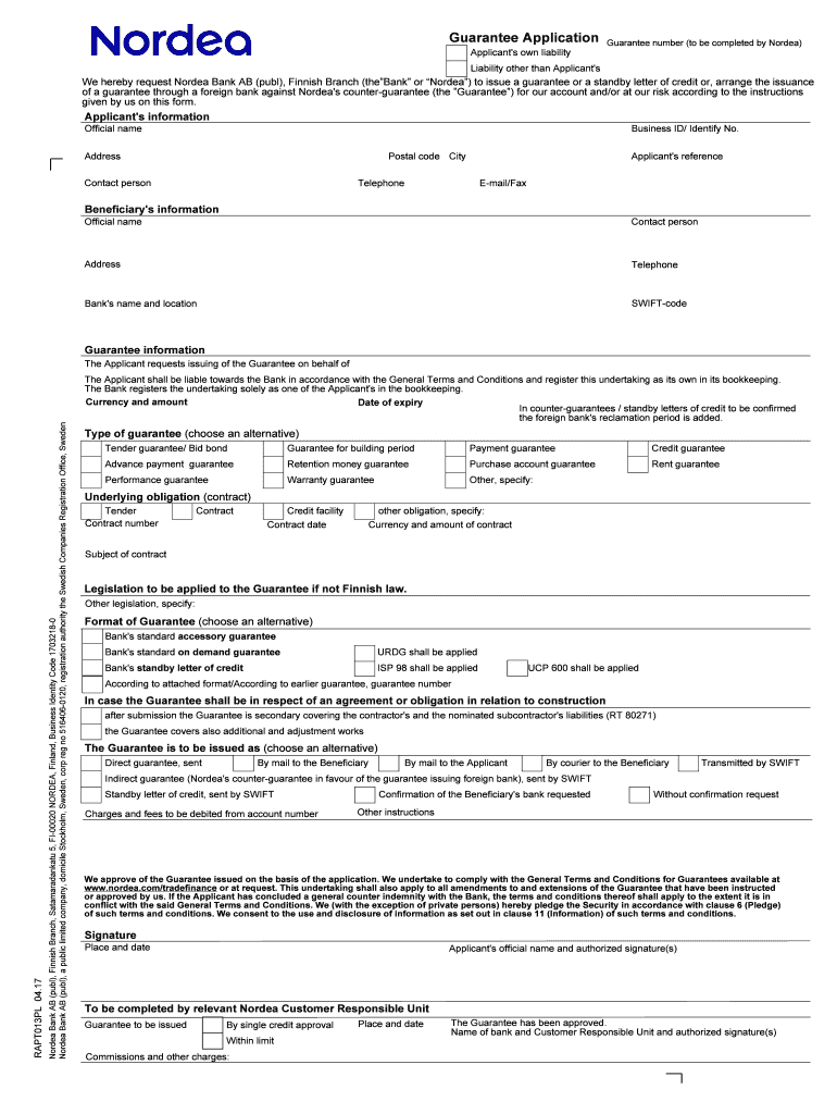 Fillable Online nordea Guarantee Application UCP 600 Uniform Customs and Fax Email Print