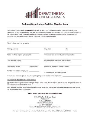 Fillable Online Business/Organization Coalition Member Form Fax Email ...
