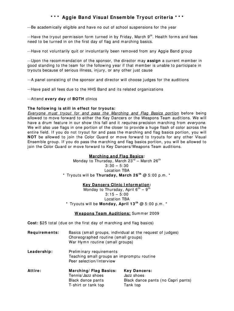Fillable Online Aggie Band Visual Ensemble Tryout criteria Fax Email