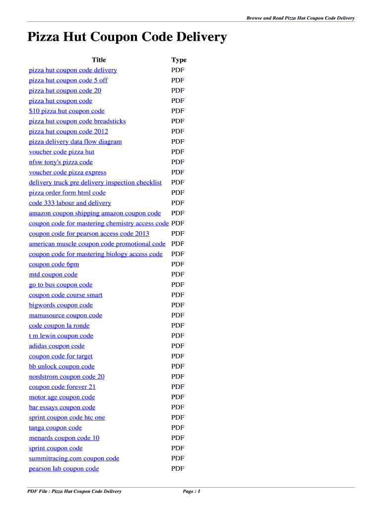 Fillable Online ggen verome Pizza Hut Coupon Code Delivery. pizza hut coupon code delivery Fax