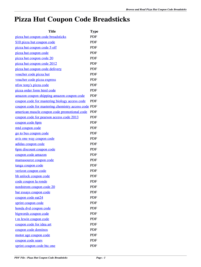 Fillable Online Pizza Hut Coupon Code Breadsticks. pizza hut coupon
