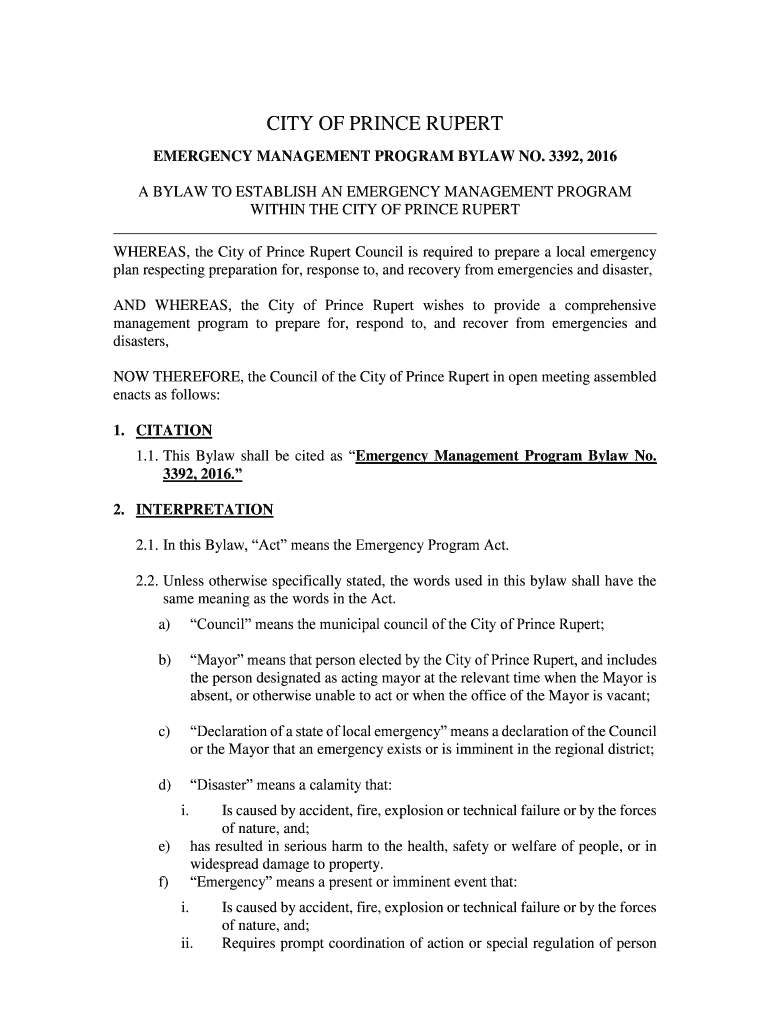 Fillable Online EMERGENCY MANAGEMENT PROGRAM BYLAW NO Fax Email Print