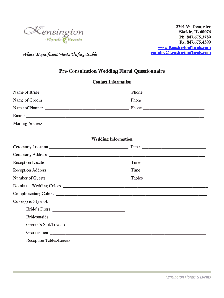 Fillable Online PreConsultation Wedding Floral Questionnaire Fax Email Print pdfFiller