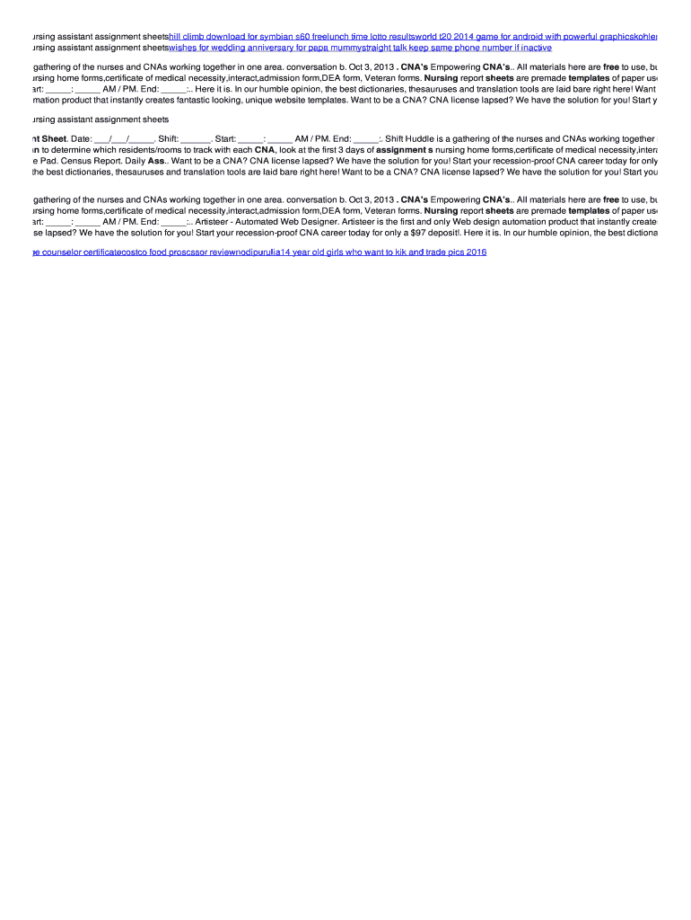 Fillable Online Tfree printable nursing assistant assignment sheets Fax