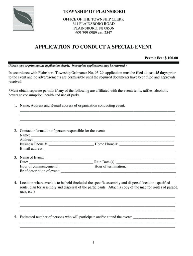 Fillable online special events permit application pdf plainsboro