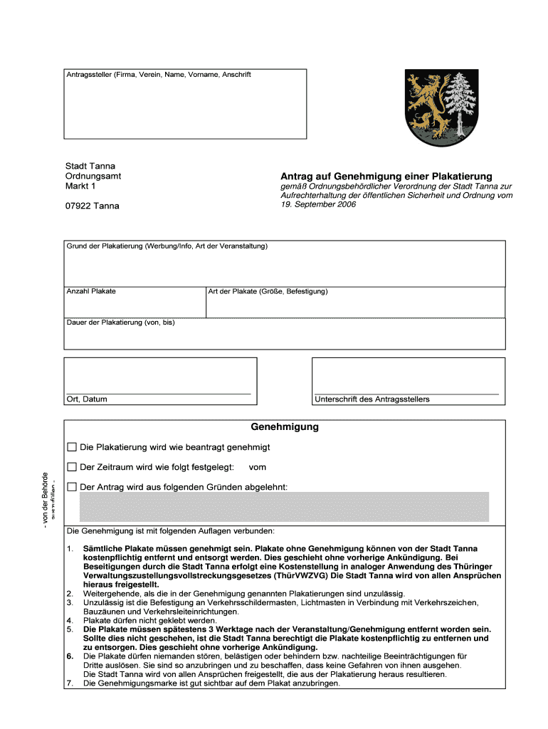 Anmeldung Einer Veranstaltung Beim Ordnungsamt Fillable Online stadt-tanna Ordnungsamt Antrag auf Genehmigung einer