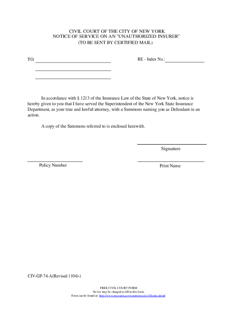 Fillable Online Notice of Service on an "Unauthorized Insurer " Fax Email Print pdfFiller