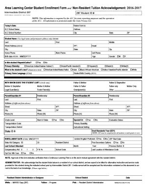 Area Learning Center Student Enrollment Form and Non-Resident Tuition Acknowledgement: 2016-2017 - district287