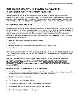 2016 HOMER COMMUNITY SCIENCE SCHOLARSHIP A Scholarship ...