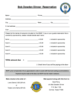Bob Dowden Dinner Reservation - lions2s2.org