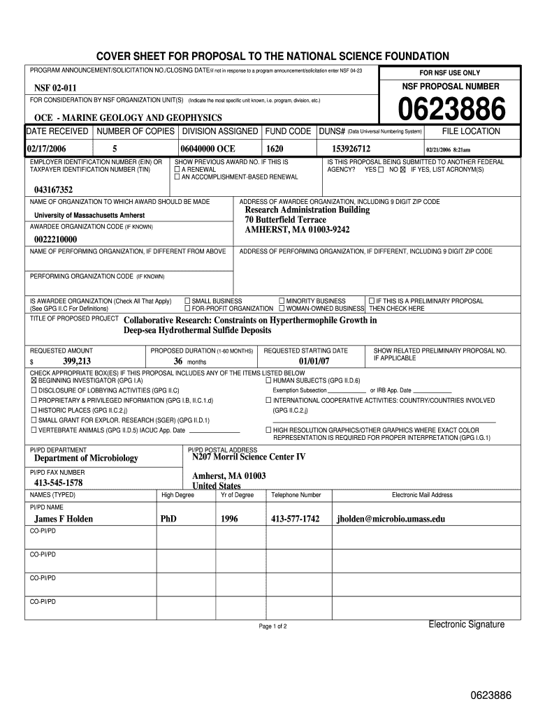 Fillable Online NSF 02011 NSF PROPOSAL NUMBER FOR CONSIDERATION BY NSF