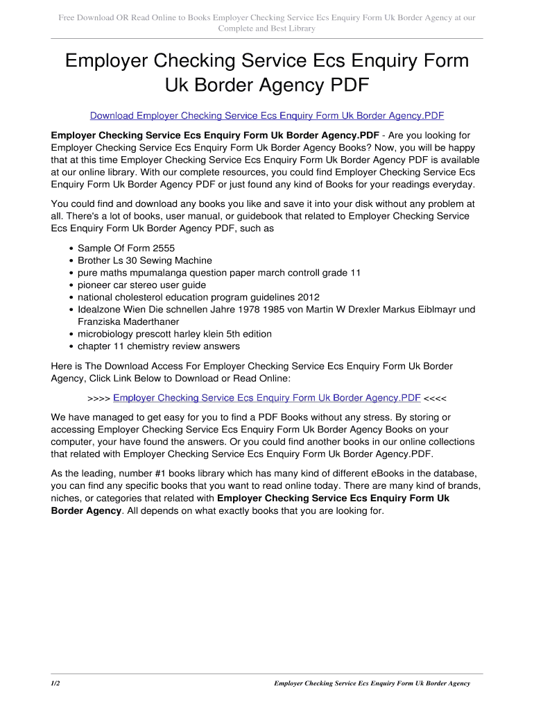 Fillable Online 33ssw Employer Checking Service Ecs Enquiry Form Uk