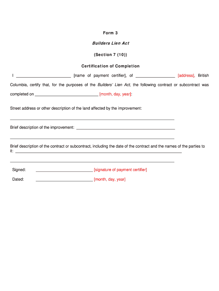 Fillable Online Form 3 Builders Lien Act Certification of Completion