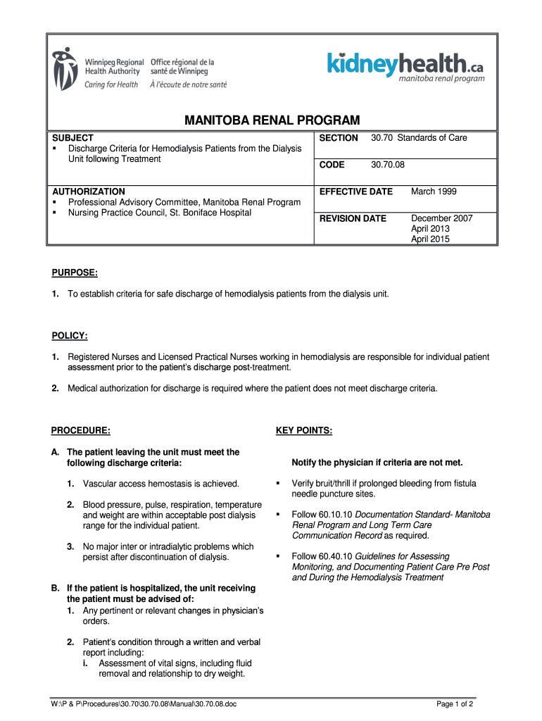 Fillable Online Discharge Criteria for Hemodialysis Patients from the