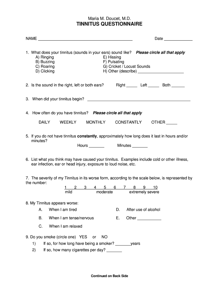 Fillable Online TINNITUS QUESTIONNAIRE Doucet ent Fax Email Print