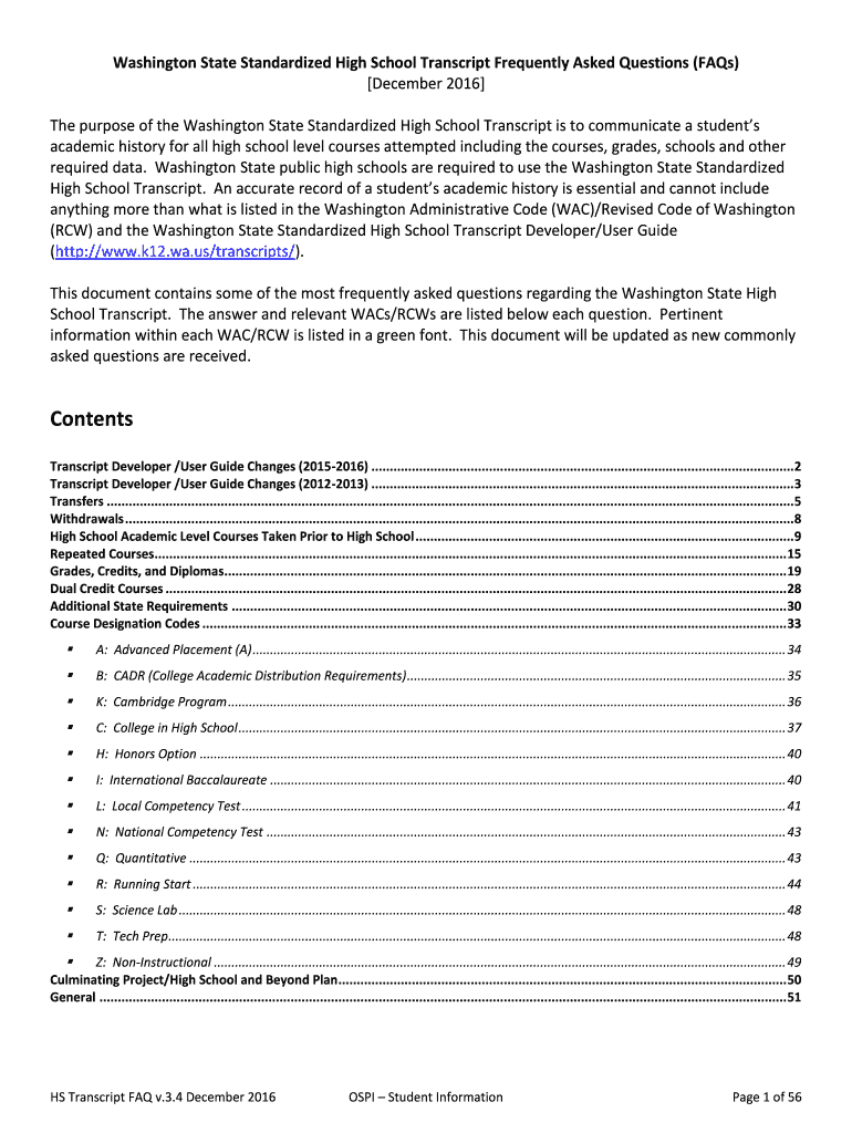 Fillable Online Washington State Standardized High School Transcript ...
