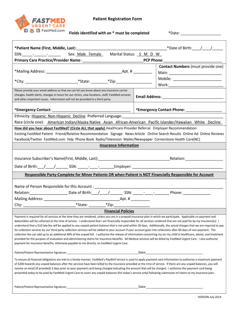 Patient Registration Form - FastMed Urgent Care - Fill and Sign Throughout Urgent Care Doctors Note Template