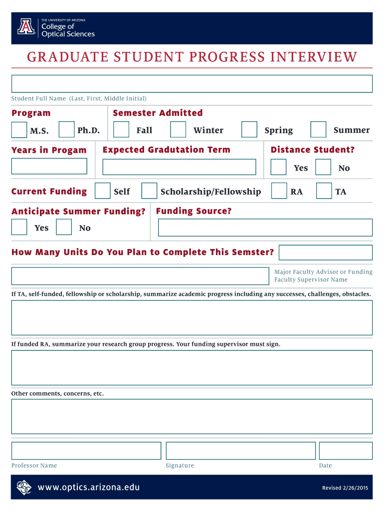 Fillable Online optics arizona GRADUATE STUDENT PROGRESS INTERVIEW