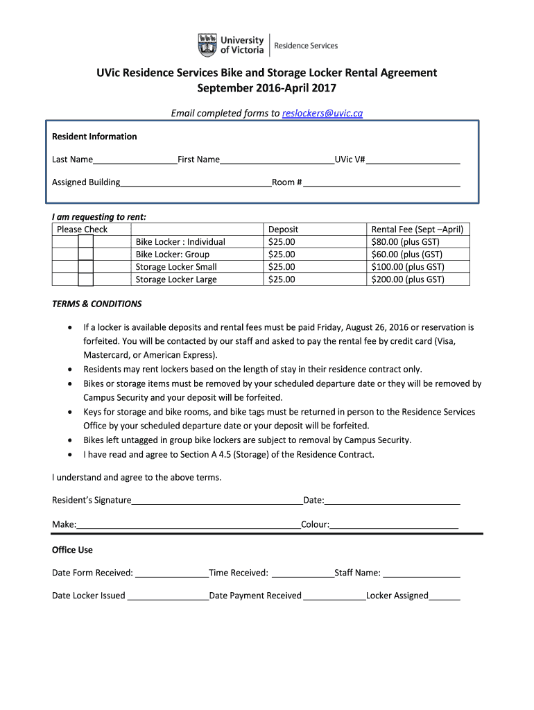 Fillable Online uvic UVic Residence Services Bike and Storage Locker