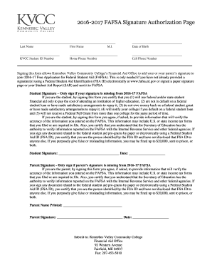 Fillable Online kvcc me 2016-2017 FAFSA Signature Authorization Page ...