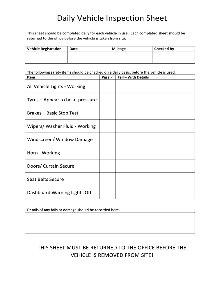 2013 2026 Form UK Daily Vehicle Inspection Sheet Blank Fillable 2013 2026 Form UK Daily Vehicle Inspection Sheet Blank Fillable