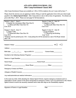 Fillable Online atlantaspeechschool After Camp Enrichment Form and Descriptions 2015 Fax Email ...
