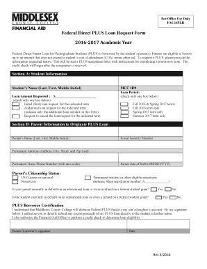 Federal Direct PLUS Loan Request Form 2016-2017 Academic Year