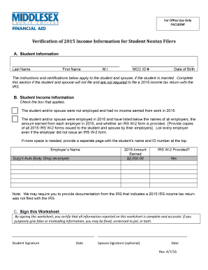Verification of 2015 Income Information for Student Nontax Filers