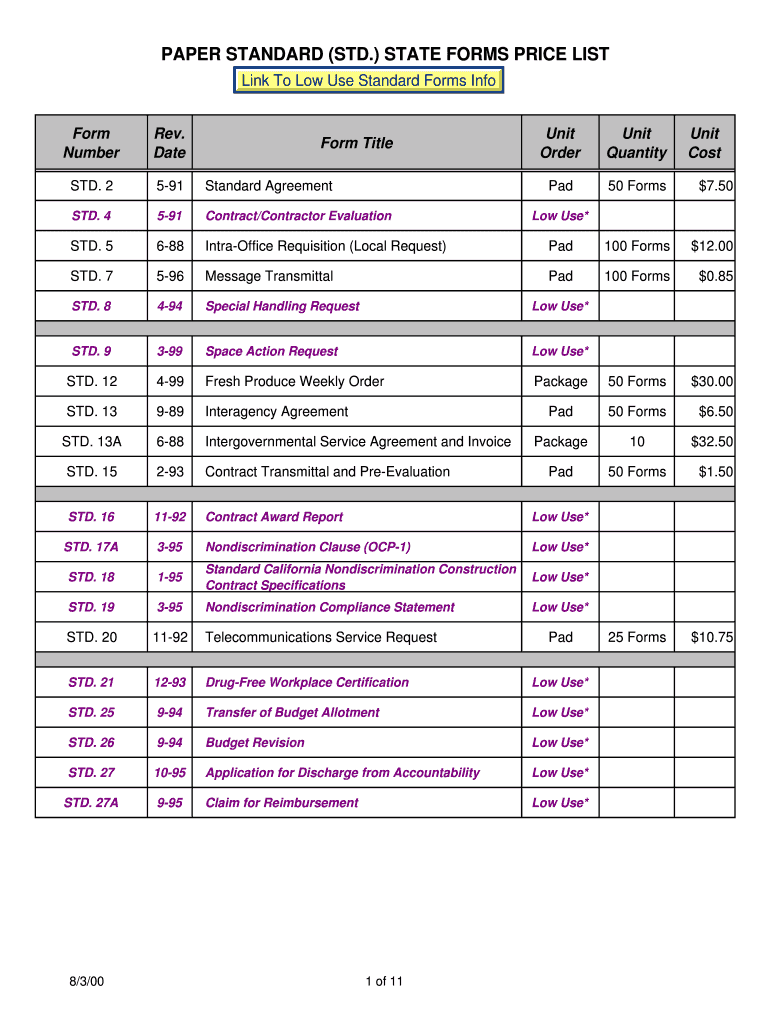 Fillable Online documents dgs ca paper standard (std.) state forms price list California Fax