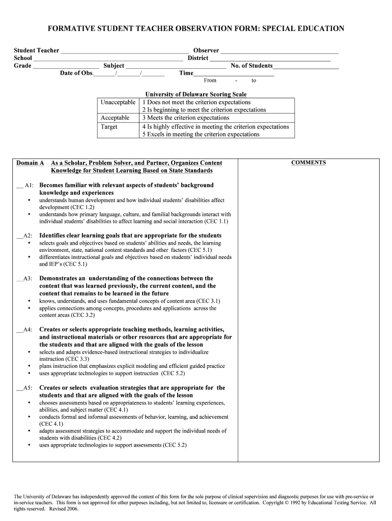 Fillable Online FORMATIVE STUDENT TEACHER OBSERVATION FORM: SPECIAL ...