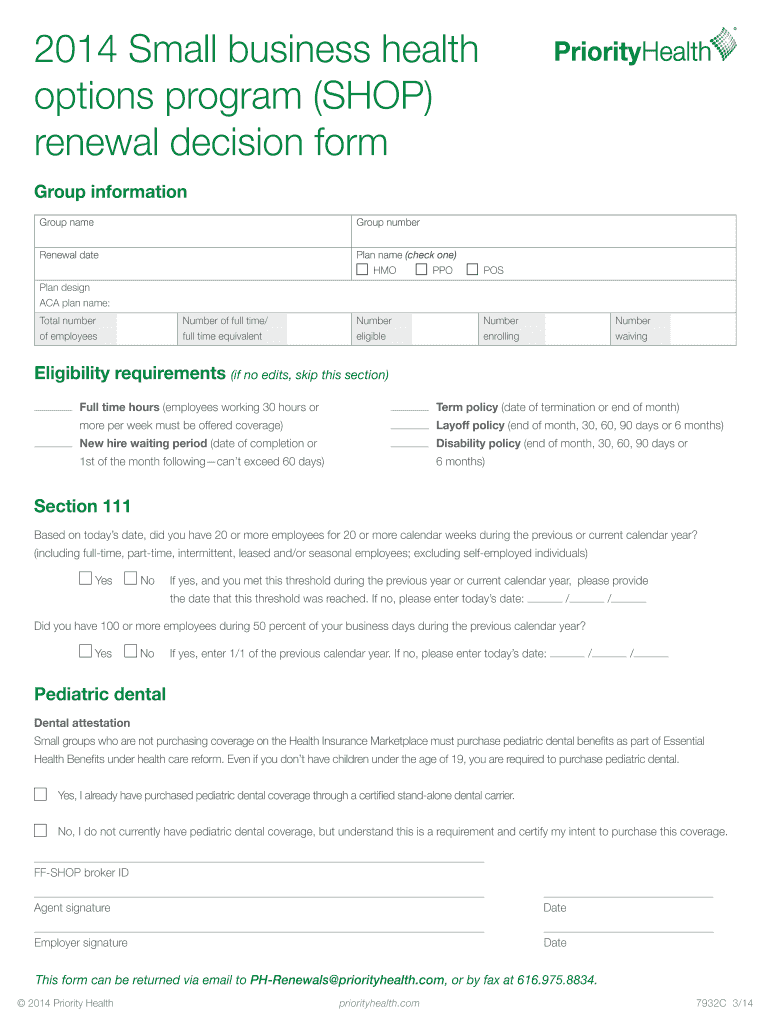 Fillable Online 2014 Small Business Health Options Program (SHOP ...