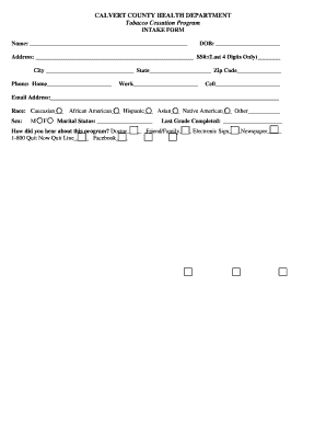 Intake form template - Tobacco Cessation Client Intake Form - Calvert County Health ... - calverthealth