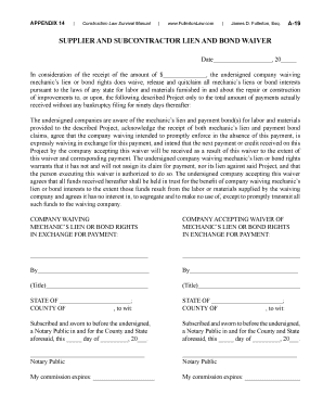 Fillable Online Supplier &amp; Subcontractor Lien &amp; Bond Waiver. Supplier ...