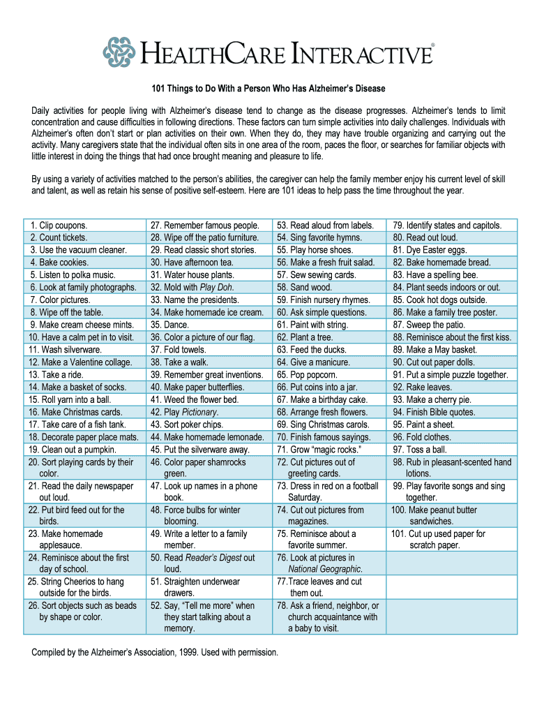 Fillable Online 101 Things to Do With a Person Who Has Alzheimers ...